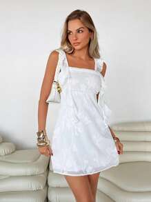 Roylia 女士优雅花卉图案荷叶边下摆连衣裙，夏季 - 白色 - 查看 3