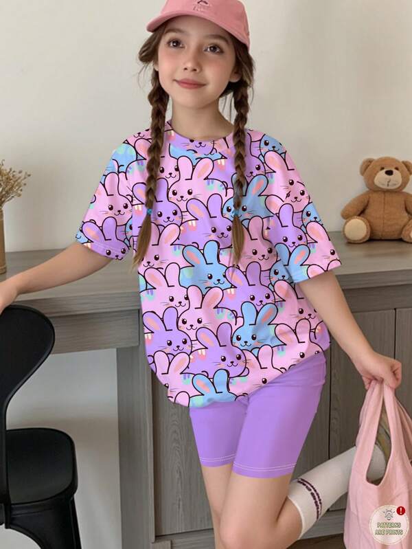 SHEIN Set de 2 piezas de camiseta de manga corta y short con estampado de conejos coloridos y lindos, adecuado para niñas preadolescentes en verano, estilo casual y minimalista