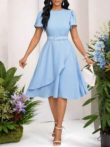 SHEIN Lady Elegant Solid Color Asymmetrical Hem Dress, Summer Dresses For Wedding Event - Baby Blue - View 4