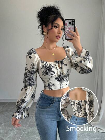 Rafferiza Blusa de mujer con mangas de campana, cuello cuadrado y cordón, con estampado floral diminuto blanco