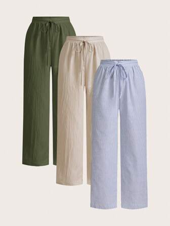 SHEIN Essnce 3 件套女士休闲腰部抽绳口袋直筒裤套装，适合夏季