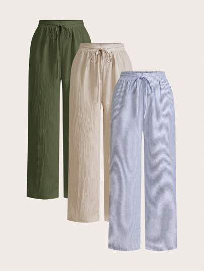 SHEIN Essnce 3 件套女士休闲腰部抽绳口袋直筒裤套装，适合夏季