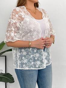 SHEIN Essnce Plus Size Women's Summer Elegant White See-Through Cardigans,Embroidered Short-Sleeved Lace Tops,Tea Party Tops - Beige - View 4