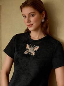 MOTF PREMIUM RHINESTONE CUT OUT BUTTERFLY T-SHIRT - Black - View 1
