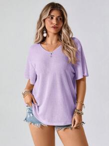 SHEIN VCAY Áo thun hở lưng cổ chữ V màu trơn tối giản cỡ lớn - Màu tím hoa cà - Xem 6