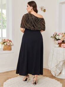 Modelyn Vestido mini ajustado con hombro oblicuo, en patchwork a rayas de talla grande - Negro - Ver 2