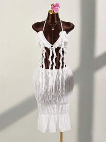 Amplova Ruffle Trim Strap Decor Triangle Bra & Ruched Maxi Skirt 2 Pieces Set - White - View 3