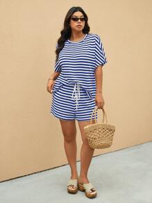 Elaquor Plus Size 2 Pieces Set Striped Short Sleeve Round Neck T-Shirt And Shorts, Fashionable For Summer,Business Casual Woman