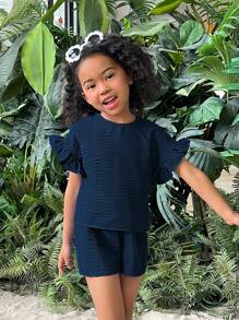 SHEIN Young Girl Vacation Casual Solid Color Round Neck Knit Top And Shorts Set, Spring/Summer