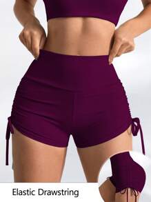Easithlete 时尚蜜桃提臀瑜伽短裤，带抽绳，紧身版型，高腰弹力，适合锻炼、跑步、健身 - 紫色 - 查看 3