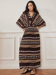 Dazy-Less Abito midi estivo da donna in stile boho, con scollo a V e vita, con stampe geometriche, a righe e a fantasia all-over