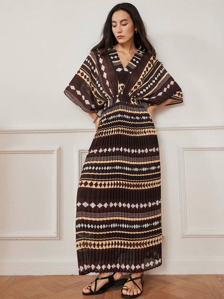 V-Neck Waisted Boho Style Geometric, Striped, And Allover Print Summer Midi Dress For Women