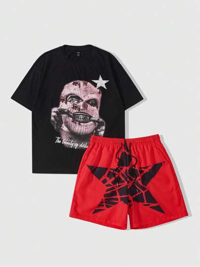 Street Life Ensemble homme comprenant un masque facial avec lettrage, un t-shirt décontracté à col rond et manches courtes avec un graphique de personnage, et un short à cordon de serrage à la taille
