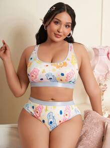 SHEIN X Care Bears 大码女士熊印花胸罩和内裤套装