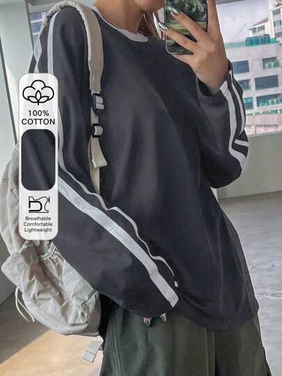 DAZY Color Block Striped Loose Fit Long T-Shirt With Round Neck For Women,Fall Clothes,Back To School Clothes Preppy Tops Long Sleeve Women Tops