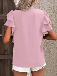 SHEIN Clasi Women's Solid Color V-Neck Ruffle Sleeve Casual Shirt - Pink - View 2