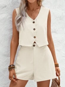 Wildy Women Summer V-Neck Buttoned Cardigan Shirt With A-Line Short, & Relaxed Shorts 2-Piece Set - Beige - View 4
