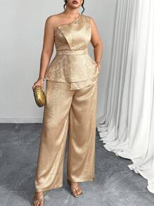 Ellevyn Bộ 2 món cỡ lớn cho nữ: Áo crop top không tay trang trí lá vàng thanh lịch và quần ống rộng, Ngày của Mẹ, Trang phục tốt nghiệp, Màu vàng bơ, Khách dự tiệc cưới - Vàng - Xem 3