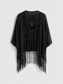 ROMWE EDITION Blusa de cárdigan con flecos asimétricos de tela con textura estilo bohemio, patrón de luna y vid vintage barroco romántico gótico para mujer, primavera/verano