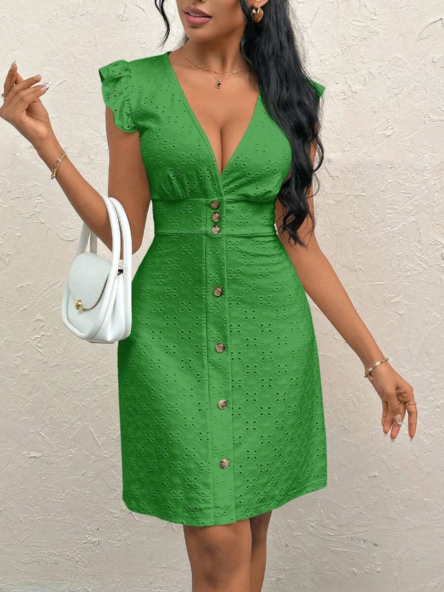 Firerie Women's Elegant Hollow Out V-Neck Flutter Sleeve Button Waist A-Line Short Dress For Daily, Vacation, Party, Music Festival, Summer Green - Green - View 1