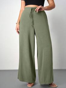 SHEIN Tall CURVE Plus Size Women's Solid Color Waist Tie Pocket Loose Wide Leg Pants