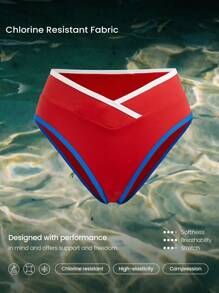 GLOWMODE Summer Quick Dry Chlorine Resistant Colorblock Trim Medium Coverage High Crossover V Waist Bikini Bottom Swimming Beach Pool Vacation Resort Travel Summer Wear
