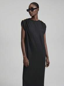 Ontre Vestido maxi de unicolor simple con decoración metálica, primavera/verano 2025, negro, vestido de graduación para mujer, vestido casual, vestido de Pascua, vestido elegante, vestido fluido, vestido de fiesta, vestido minimalista, vestido de Pascua, vestido de fiesta, vestido digno, vestido de vacaciones para mujer, vestido cómodo, vestido de dama de honor, vestido de playa - Negro - Ver 2
