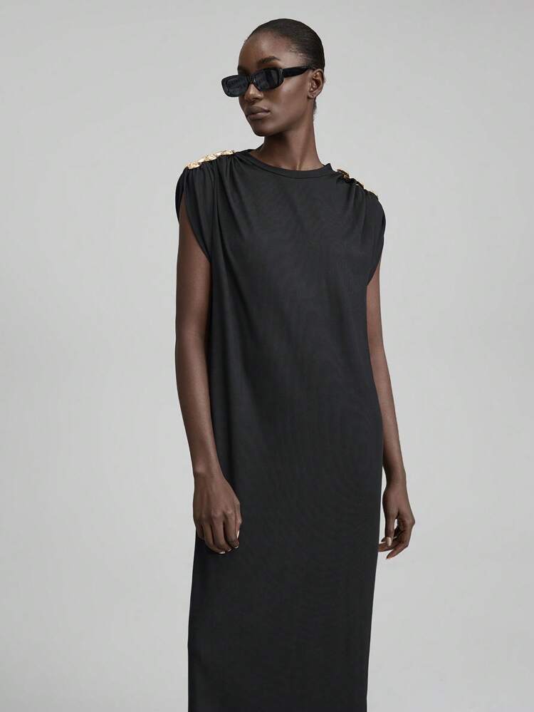 Women's Black Summer Smart Casual Everyday Maxi Dress,2025 Spring Simple Solid Color Metal Decor Elegant Minimalist Graduation Party Flowy Dress