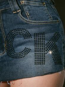 ROMWE J-Fashion Femmes Été Décontracté Lavé Strass Franges Ourlet Jean Mini Jupe