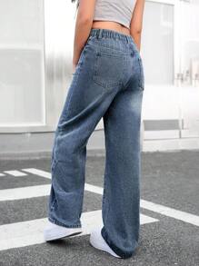 SHEIN Jeans rectos holgados versátiles con bolsillos para adolescentes - Azul lavado medio - Ver 2