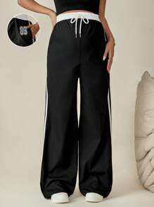 SHEIN Pantaloni casual da donna in gravidanza, con vita con lacci regolabili, a patchwork e righe laterali