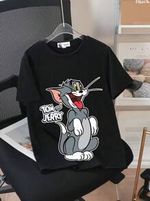 TOM & JERRY X SHEIN Tween Boy Casual Cartoon Pattern Short Sleeve T-Shirt, Suitable For Summer