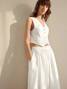 Ontre 2 件套女士无袖纯色夹克和中长裙套装，简约优雅，办公室/休闲，夏季，宽松舒适，白色