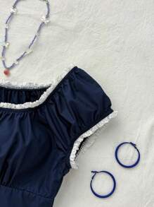 Teen Girls Blue Color Block Shoulder, Chest Ruched, Fitted, Casual, Collegiate, Woven Blouse, Versatile Shirt