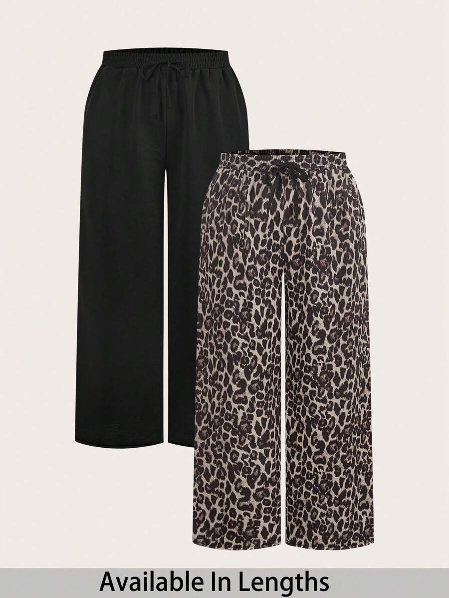 SHEIN PETITE CURVE Plus Size 2pcs/Set Plus Size Women Leopard Print & Black Sweatpants, Spring/Summer - Multicolor - View 1