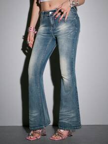 ROMWE Hippie Women Ombre Star Print Skinny Flare Leg Jeans - Blue - View 4