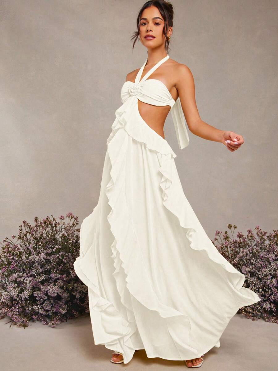 Rosette Sweetheart Ruffled Tiered Chiffon Maxi Dress With Cutout Slit main image 1