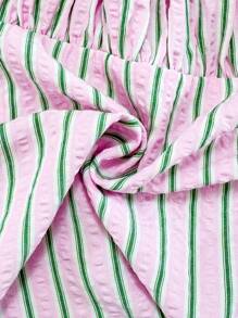 SHEIN Casual Maternity Stripe Front Tie Short Puff Sleeve Shirt    Summer Tops  Ruffle  Maternity Tops  Pink And Green Stripes - Pink - View 5