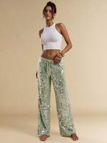 SHEIN BAE Women's Low Waist Sequin Palazzo Pants For Beach Vacation, Summer Sage Green Dress - Green - View 6