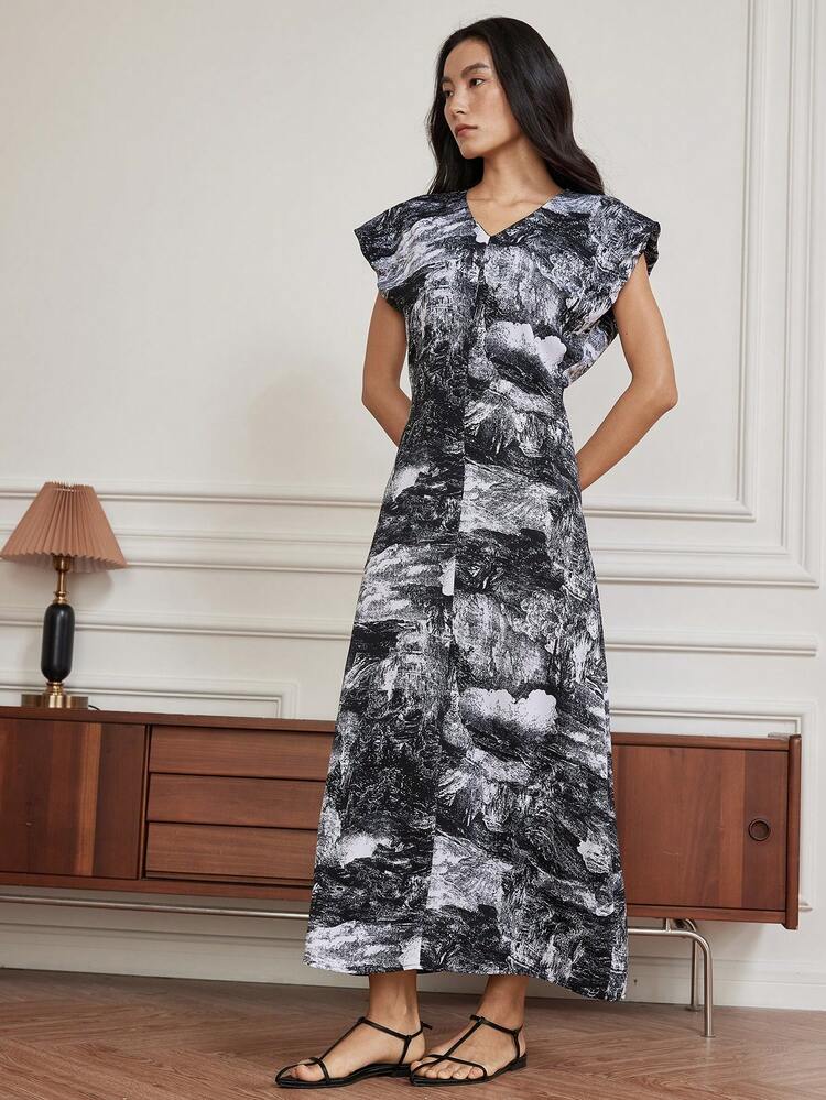 Elegant V-Neck Tie-Dye Print Chiffon Long Dress With Ruffled Hem, Casual Commuter Style, Summer Business Casual Woman