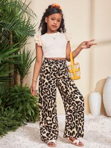 SHEIN Tween Girl Vacation Casual Fashionable Chiffon Leopard Print Straight Leg Pants - Brown - View 7