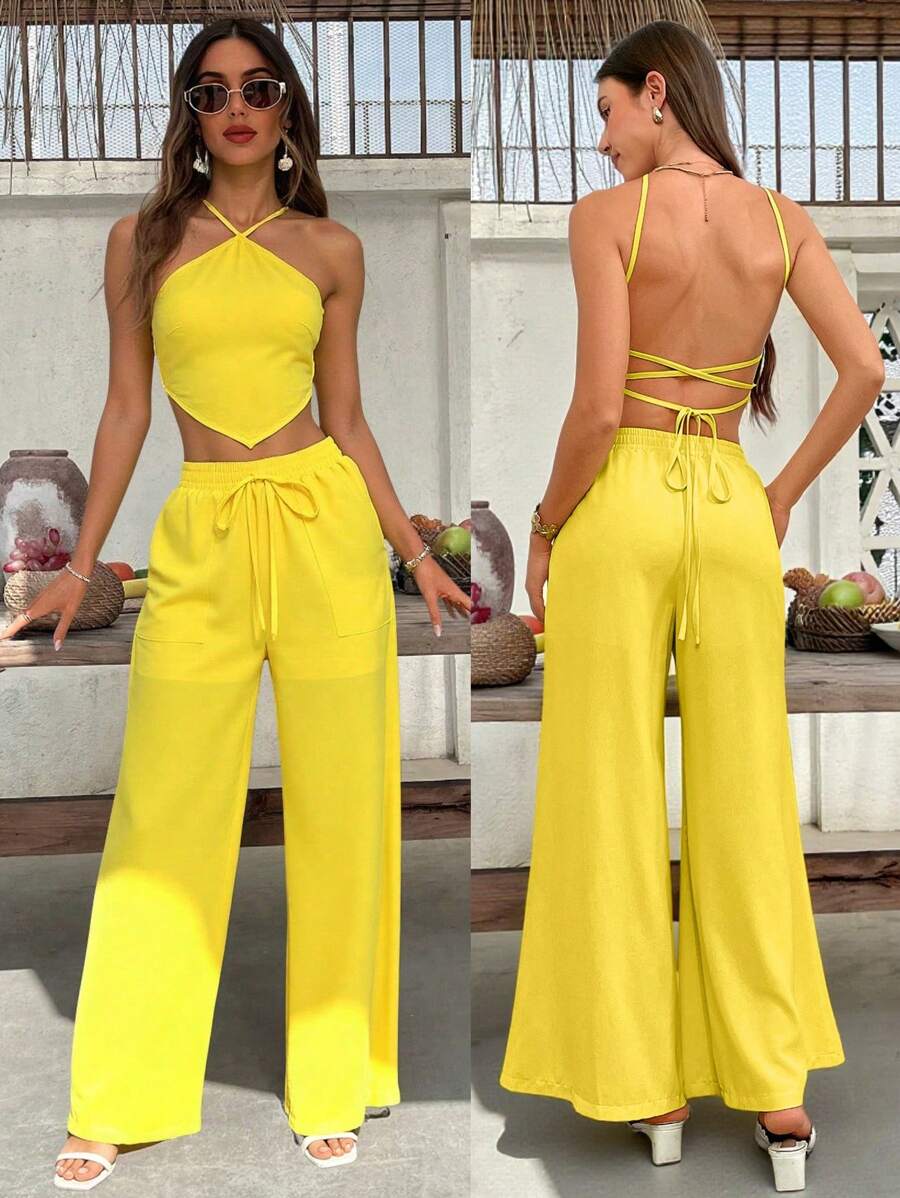 SHEIN VCAY Butter Yellow Summer Vacation 2 Pieces Sets Woman,Casual Backless Two Pieces Outfits For Daily Wear,Beach Holiday Rave Outfits Festival,Pants Set - Yellow - View 1