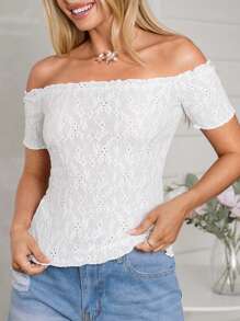 SHEIN VCAY Plus Size Casual Solid Off Shoulder Textured T-Shirt - White - View 3