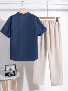 SHEIN Tween Boy Casual Short Sleeve Shirt And Trousers Set - Navy Blue - View 2