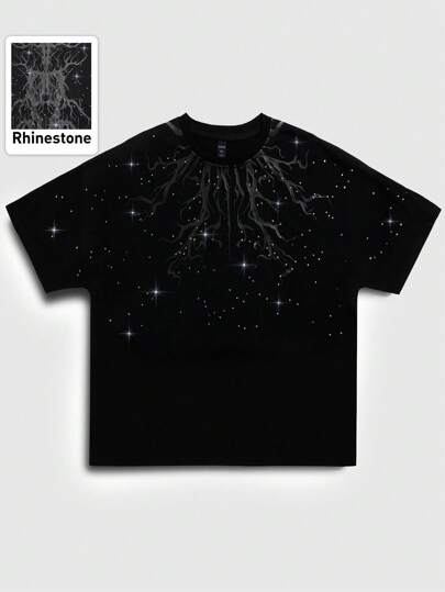 Goth Camiseta de manga corta con estampado de rhinestones gótico para hombres, adecuada para uso diario, rave, Halloween, estilo de los 2000