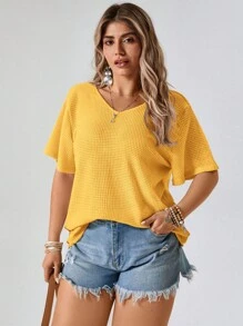 SHEIN VCAY Plus Size Minimalist Solid Color Waffle Pattern Backless T-Shirt - Yellow - View 5