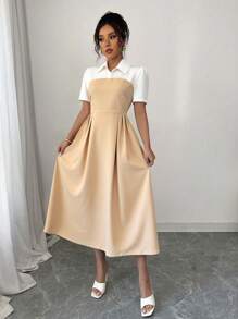 Elenzga 女士优雅通勤休闲拼色拼布衬衫领修身中长短袖连衣裙 - 杏色 - 查看 6