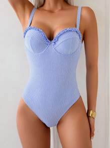 Swim Vcay 女式条纹性感露背聚拢连体泳衣，带钢圈，适合海滩度假，春夏季 - 藍白色 - 查看 7