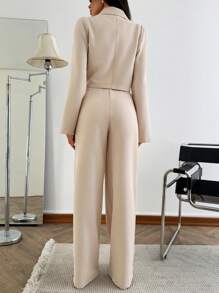 ZIRRA 2pcs Women Casual Commuting Solid Color Cropped Jacket And Pants Set - Apricot - View 2