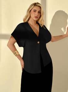 Auralis Plus Size Summer Easter Business Casual Woman Elegant Commuting Going Out Tops Office Work Church Airport Easter Curve Old Money Style Solid Color Bat Sleeve Single-Button Thin Blazer